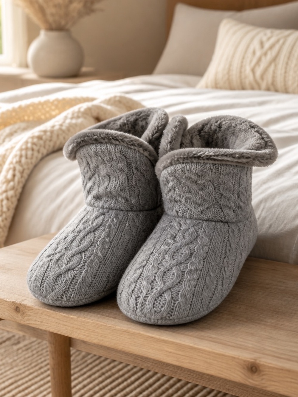 Dearfoams Cozy Gray Cable Knit Slippers Size 9/10